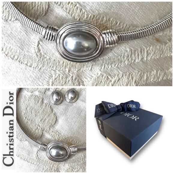 Christian Dior VTG 80s Silver Tone Choker Necklace & Earrings Set with Gift Box - Picture 1 of 16